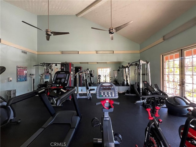 gym featuring a ceiling fan, french doors, visible vents, and high vaulted ceiling