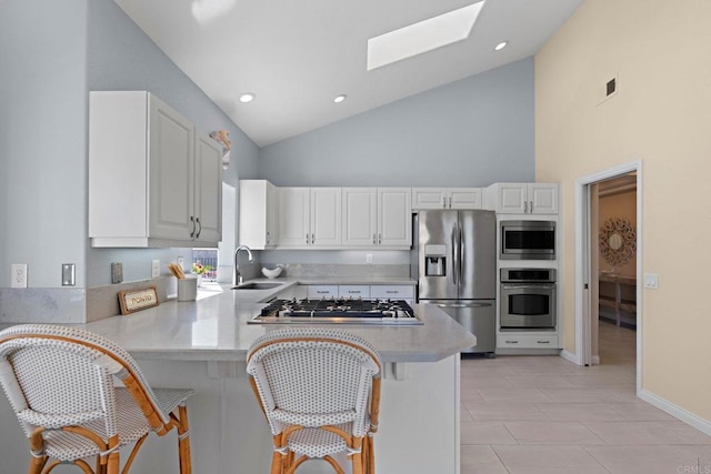 kitchen featuring a skylight, stainless steel appliances, a sink, and light countertops