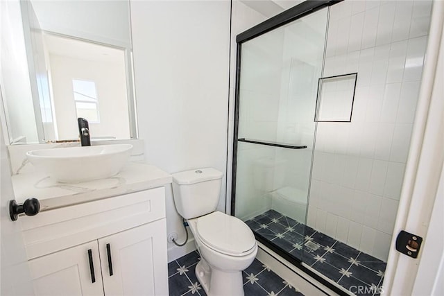 full bathroom with vanity, a shower stall, and toilet