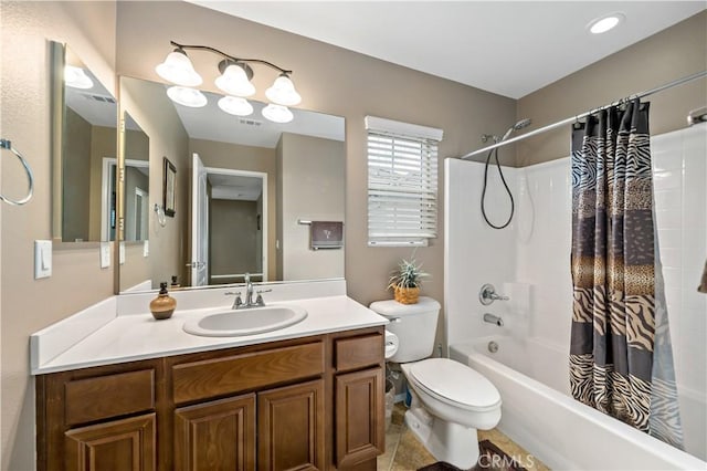 bathroom featuring visible vents, shower / bathtub combination with curtain, toilet, and vanity