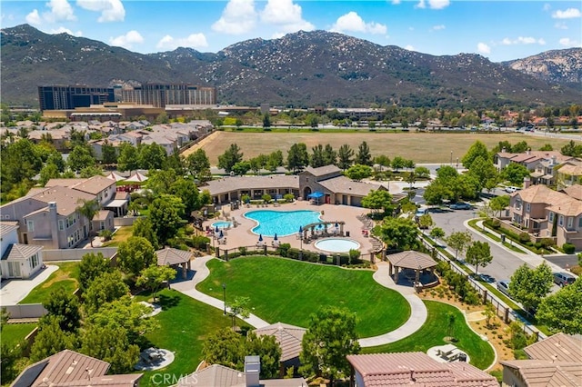 drone / aerial view featuring a mountain view