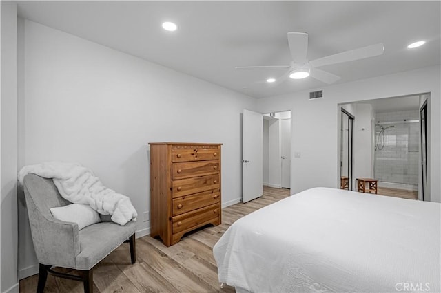 bedroom with recessed lighting, visible vents, light wood-style flooring, and baseboards