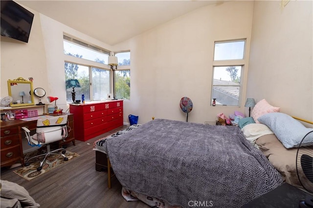 bedroom with lofted ceiling and wood finished floors