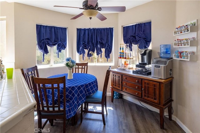 dining room with a ceiling fan, wood finished floors, and baseboards