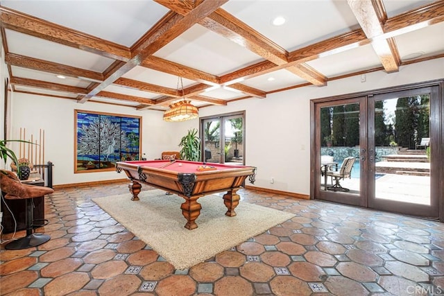 playroom featuring french doors, coffered ceiling, beamed ceiling, and baseboards