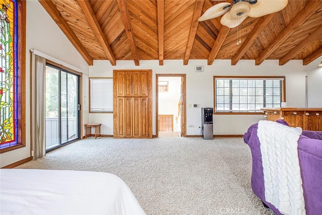 bedroom featuring access to outside, beam ceiling, carpet flooring, and wooden ceiling