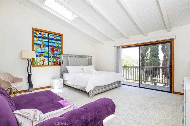 bedroom featuring access to exterior, carpet floors, lofted ceiling with beams, and baseboards