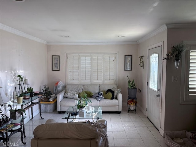 living area with crown molding, light tile patterned floors, and baseboards