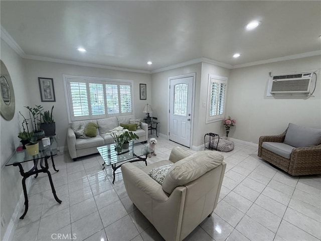 7844 Gainford St, Downey, CA 90240 - living area featuring a wall mounted air conditioner, recessed lighting, light tile patterned floors, baseboards, and ornamental molding