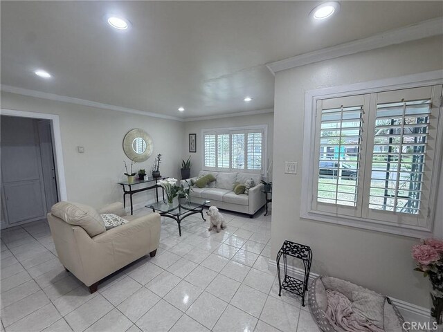7844 Gainford St, Downey, CA 90240 - living area featuring crown molding, light tile patterned floors, recessed lighting, and baseboards