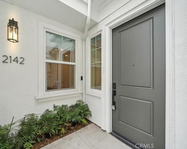 view of exterior entry with stucco siding