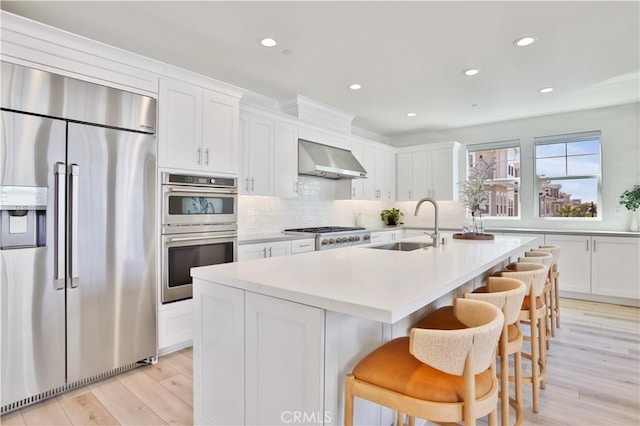 kitchen with tasteful backsplash, appliances with stainless steel finishes, white cabinetry, and wall chimney exhaust hood