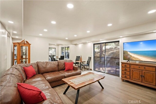 living area featuring light wood-style floors and recessed lighting