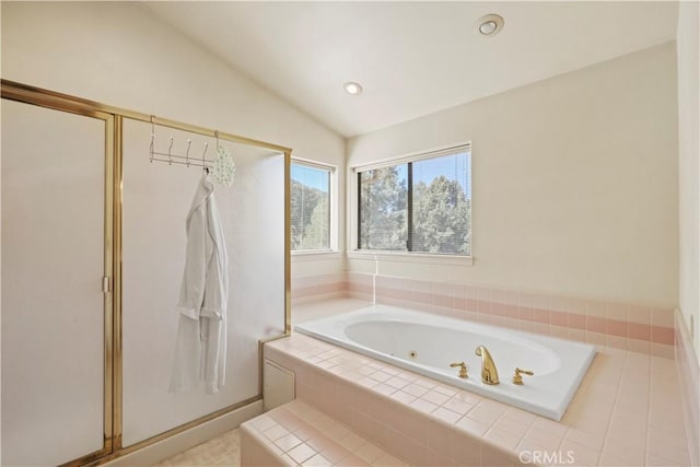 full bath with lofted ceiling, a shower stall, a jetted tub, and recessed lighting