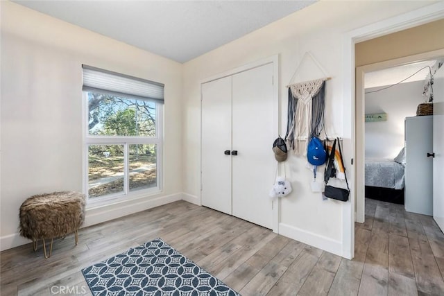 entrance foyer with baseboards and wood finished floors