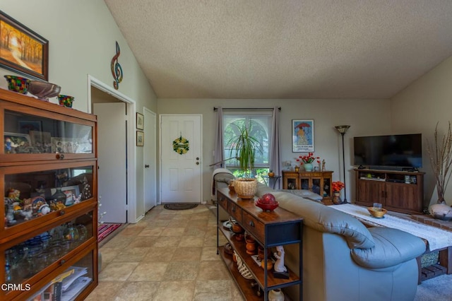 living area with vaulted ceiling and a textured ceiling