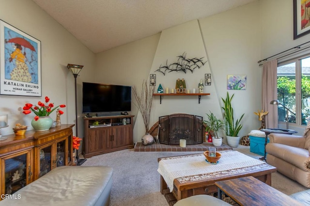 carpeted living area featuring vaulted ceiling and a brick fireplace