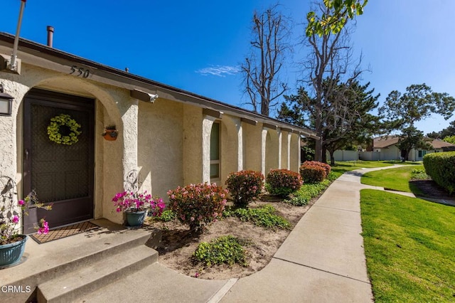 doorway to property with a yard and stucco siding