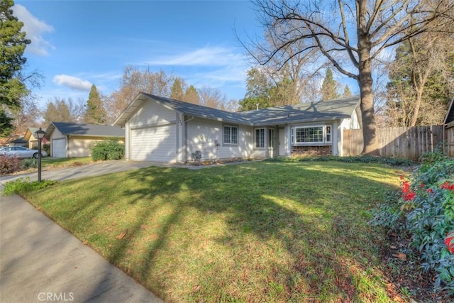 ranch-style house featuring aphalt driveway, a garage, brick siding, fence, and a front yard