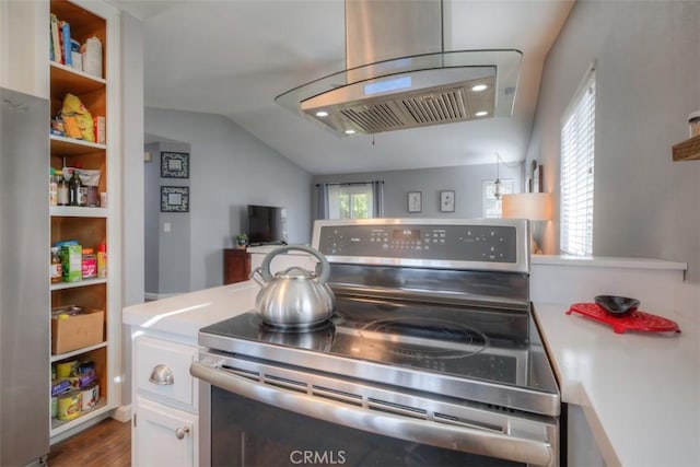 kitchen with white cabinetry, appliances with stainless steel finishes, light countertops, and ventilation hood