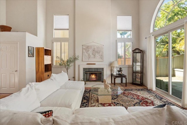 living room with a high ceiling and a fireplace