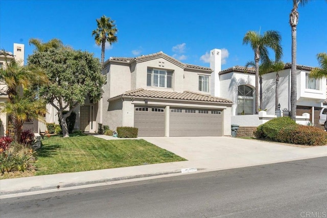 mediterranean / spanish home featuring a garage, a tile roof, concrete driveway, stucco siding, and a front lawn