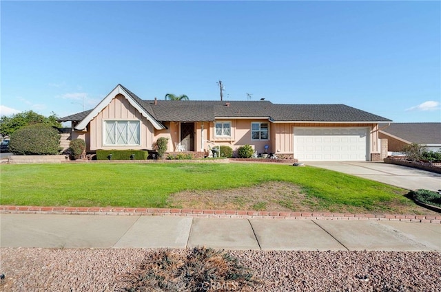 single story home featuring driveway, a front yard, board and batten siding, and an attached garage