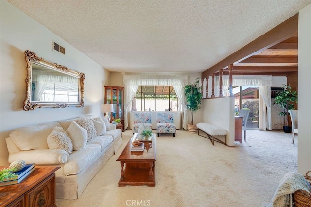 living area with a textured ceiling, visible vents, a wealth of natural light, and carpet floors