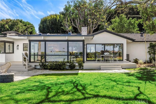 5353 Middlecrest Rd, Rancho Palos Verdes, CA 90275 - rear view of property featuring a chimney, a yard, a deck, and stucco siding