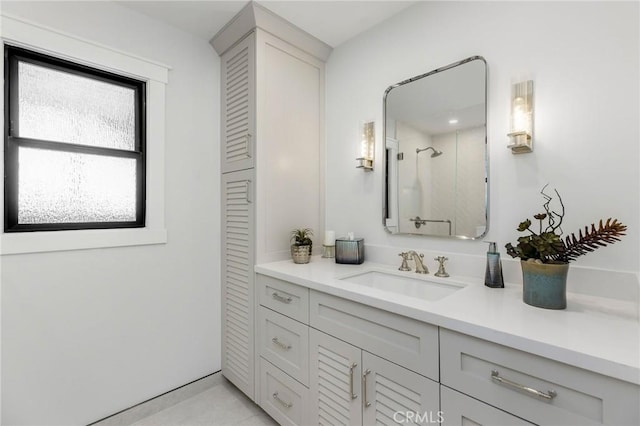 full bath with a shower stall, a closet, and vanity