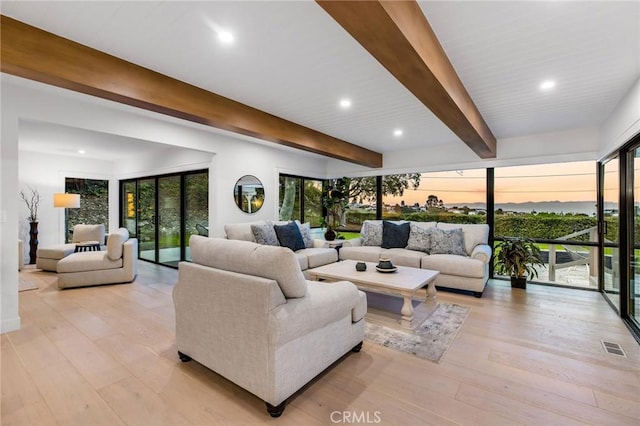 5353 Middlecrest Rd, Rancho Palos Verdes, CA 90275 - living room with beam ceiling, light wood-style floors, and recessed lighting