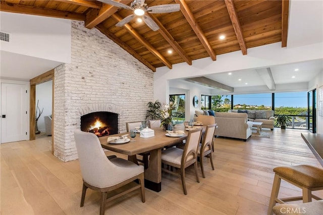 5353 Middlecrest Rd, Rancho Palos Verdes, CA 90275 - dining space with light wood-type flooring, a fireplace, beam ceiling, wood ceiling, and high vaulted ceiling