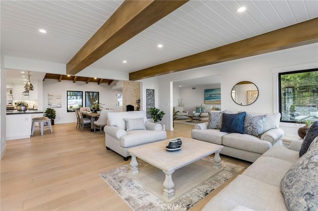 5353 Middlecrest Rd, Rancho Palos Verdes, CA 90275 - living area with recessed lighting, light wood-type flooring, and beamed ceiling