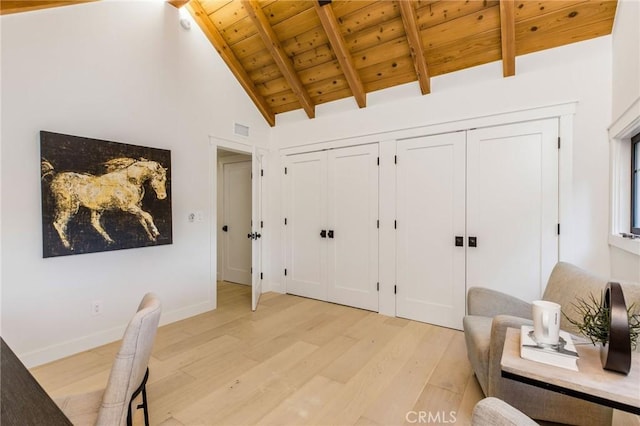 5353 Middlecrest Rd, Rancho Palos Verdes, CA 90275 - home office featuring wood ceiling, light wood-style flooring, and baseboards