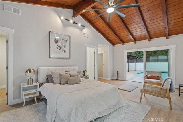 bedroom featuring access to outside, light wood-style flooring, and visible vents