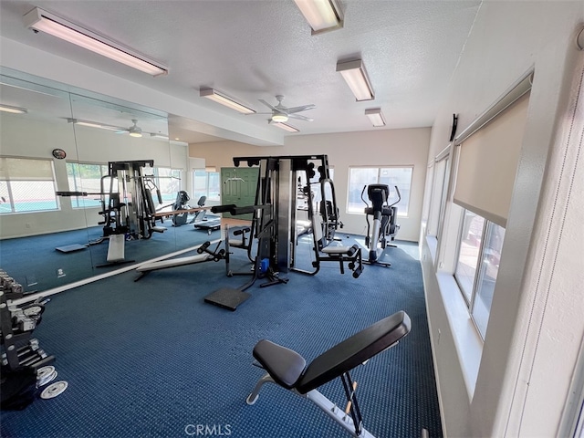 exercise room featuring a textured ceiling, a ceiling fan, and a healthy amount of sunlight