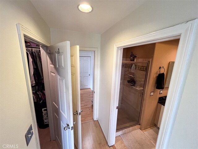 interior space featuring a stall shower, a spacious closet, and wood finished floors