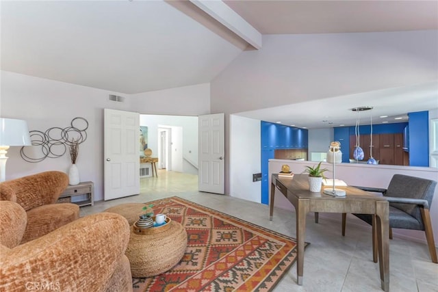 living room featuring high vaulted ceiling, light tile patterned floors, visible vents, and beam ceiling