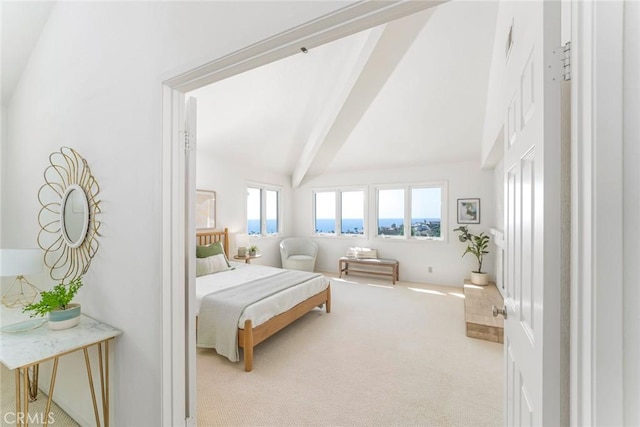 carpeted bedroom featuring high vaulted ceiling and beamed ceiling