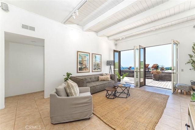 561 Avenida Del Verdor, San Clemente, CA 92672 - living area featuring light tile patterned floors, rail lighting, and beamed ceiling