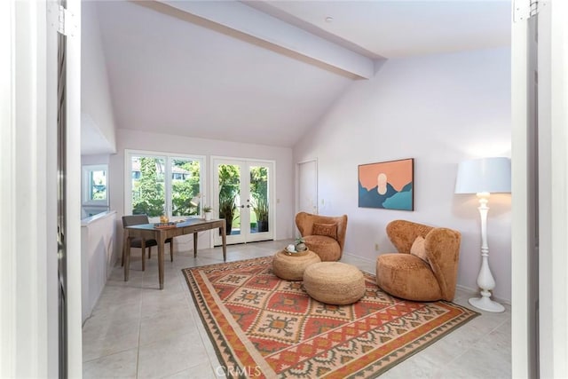 sitting room with beam ceiling, french doors, light tile patterned floors, high vaulted ceiling, and baseboards