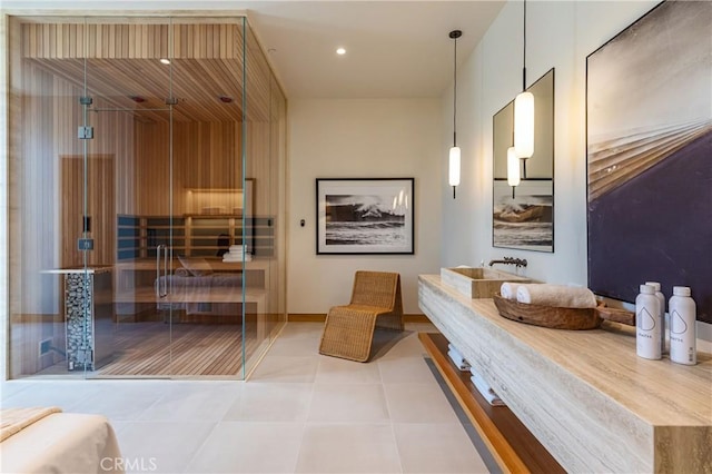 bathroom with recessed lighting, a shower stall, vanity, and tile patterned floors