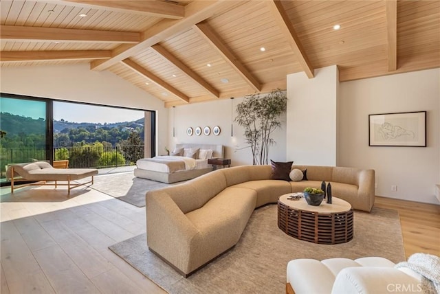 living room with wood ceiling, high vaulted ceiling, wood finished floors, and beamed ceiling