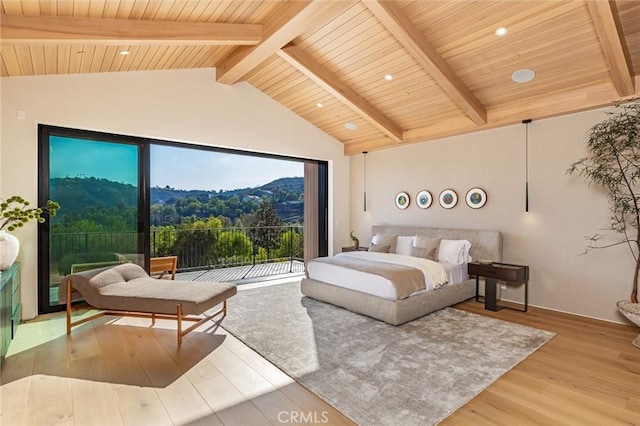 bedroom with vaulted ceiling with beams, wooden ceiling, wood finished floors, and access to exterior