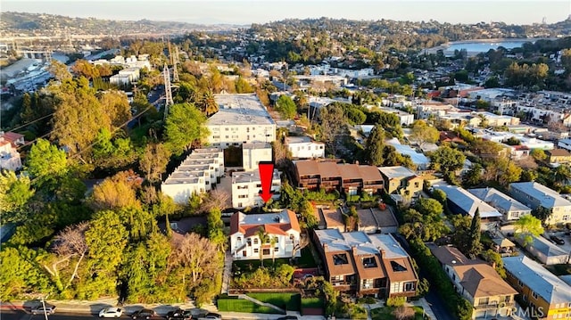 bird's eye view with a water view