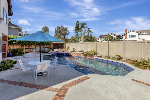 view of swimming pool with a fenced in pool, a fenced backyard, and a patio area