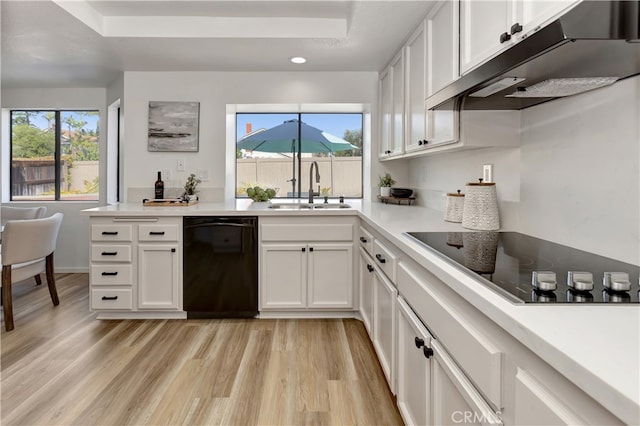 kitchen featuring a sink, black appliances, white cabinets, light wood-style floors, and under cabinet range hood