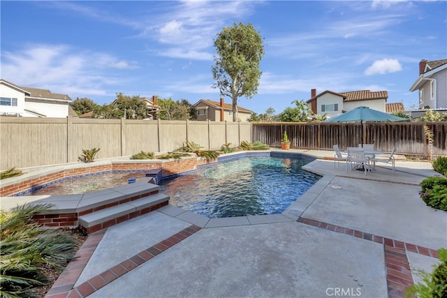 view of pool featuring a patio area, a fenced in pool, outdoor dining area, and a fenced backyard