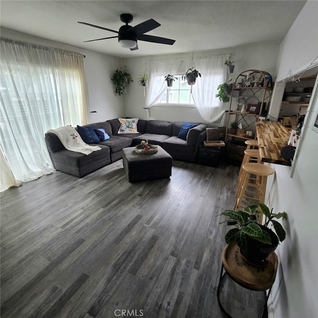 living room with a ceiling fan and wood finished floors