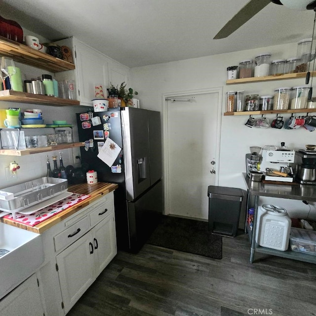 kitchen with a ceiling fan, white cabinetry, stainless steel fridge with ice dispenser, open shelves, and dark wood finished floors